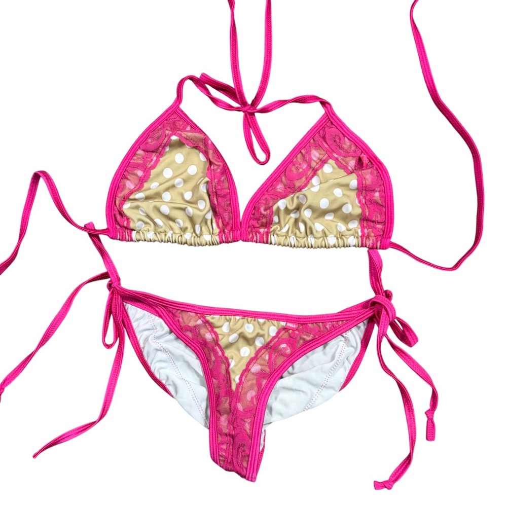 Y2K Doll Swimwear Pink Polka Dot Lace Trim Triangle Bikini Set M/L